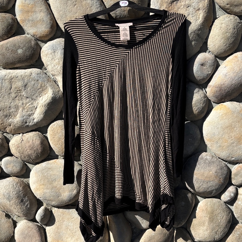 Philosophy Asymmetrical Tunic Length Black and Beige Striped Long Sleeve Top